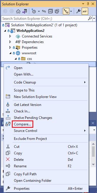 Skärmbild som visar alternativet Jämför i snabbmenyn i Solution Explorer.