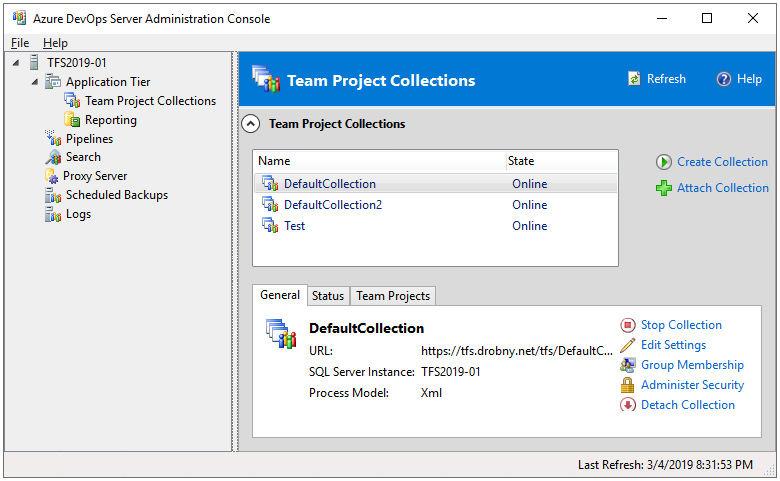 Skärmbild av administratörskonsolen, noden Team Project Collections, Azure DevOps Server 2019-2020.