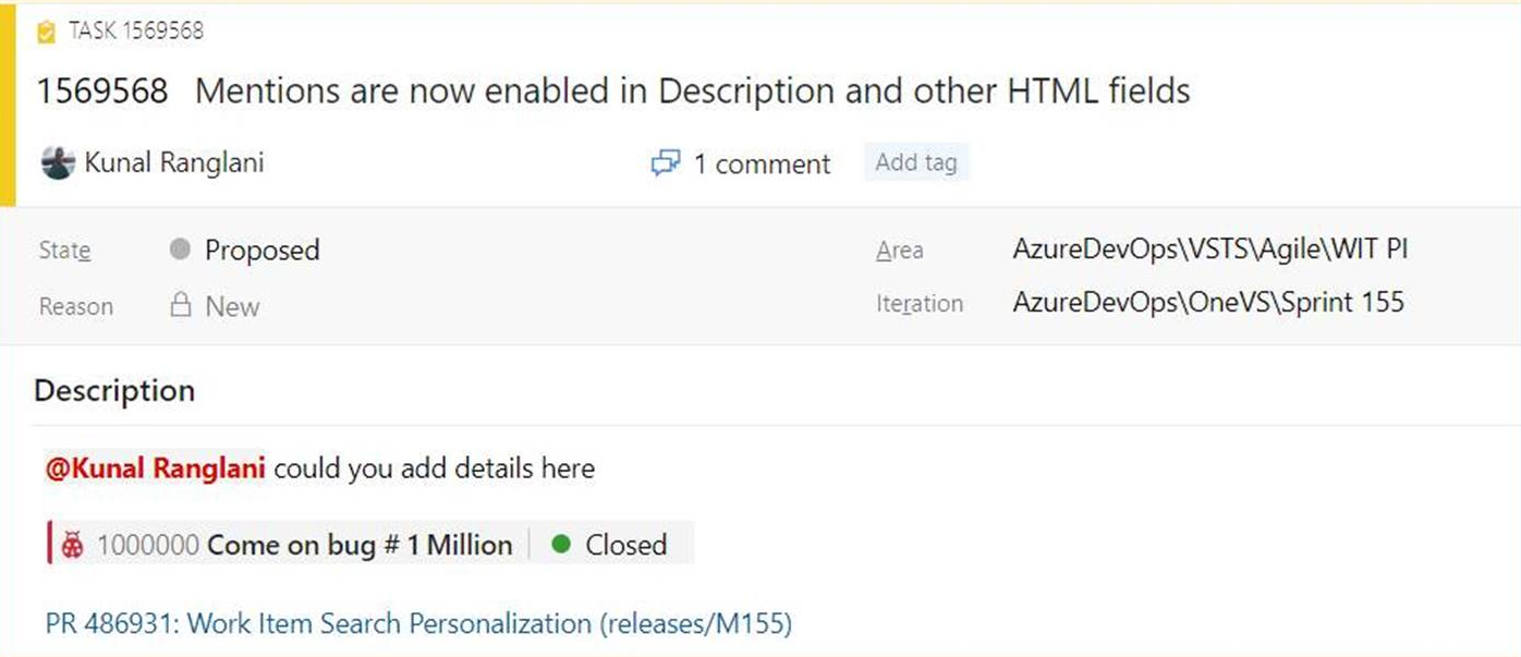 Screenshot showing that you can mention people, work items, and PRs in the work item Description area.