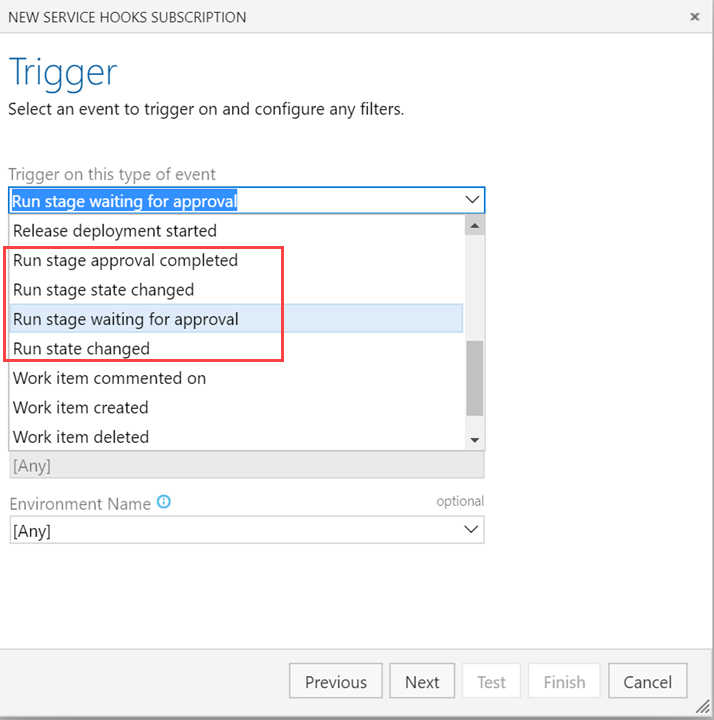 Screenshot of the NEW SERVICE HOOKS SUBSCRIPTION wizard showing the Trigger on this type of event dropdown list with the Run stage options called out.