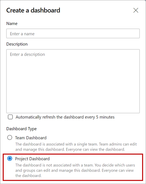 Screenshot showing the Create a dashboard dialog box with the Project Dashboard option selected and called out.