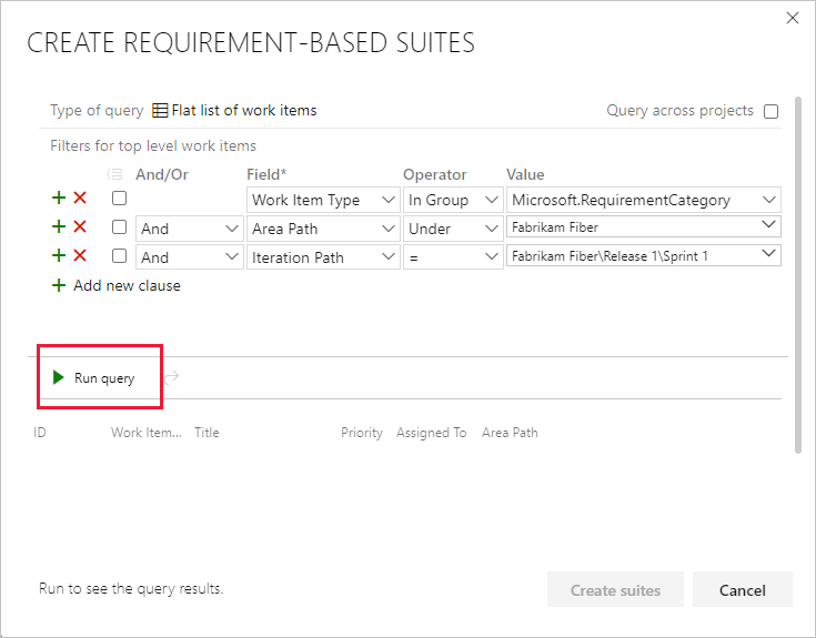 Skärmbild som visar hur du lägger till satser för att filtrera efter iteration och kör frågan för att visa resultat för Azure DevOps Server 2020 och Azure DevOps Services.