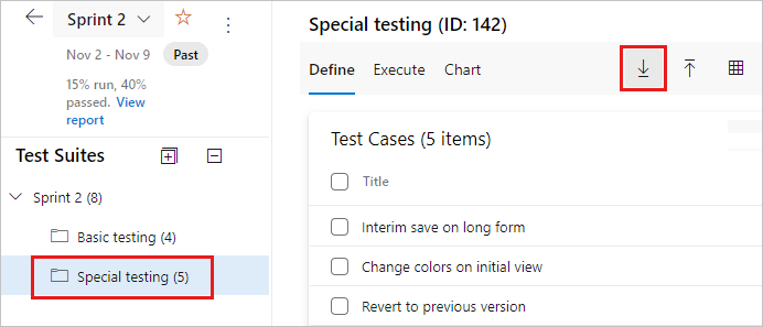 Skärmbild som visar en vald testplan och alternativet Exportera testfall till CSV.