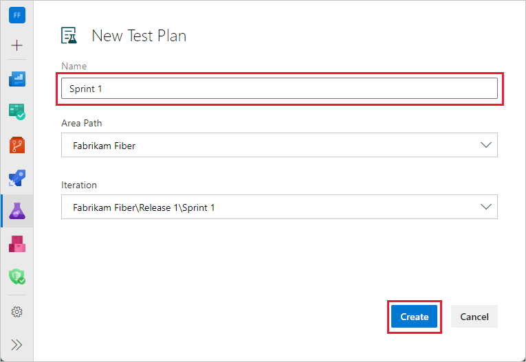 Skärmbild av att lägga till testplansinformation för Azure DevOps Server 2020 och Azure DevOps Services.