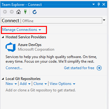 Skärmbild av Team Explorer, Anslutningsalternativ.