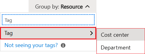 Skärmbild som visar hur du ändrar gruppen efter filter för att visa kostnadsinformation baserat på tillämpade taggar.
