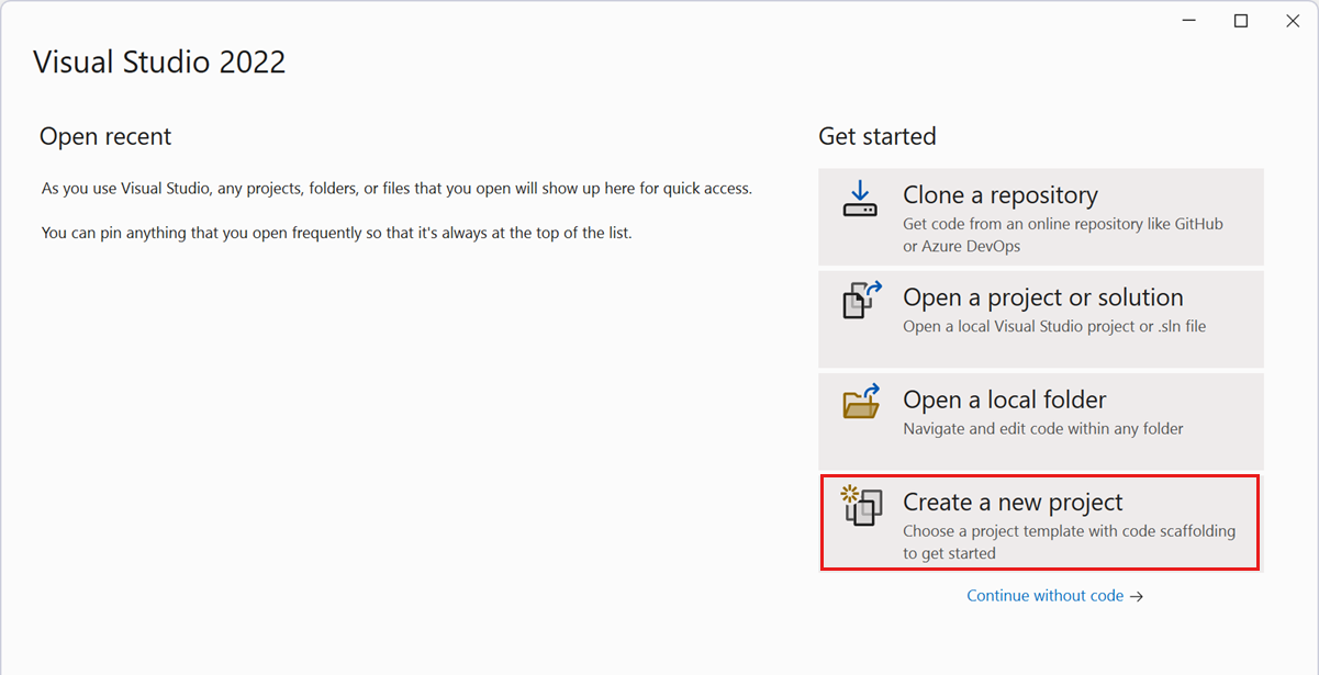 Skärmbild av Visual Studio-startsidan med Skapa ett nytt projekt valt.