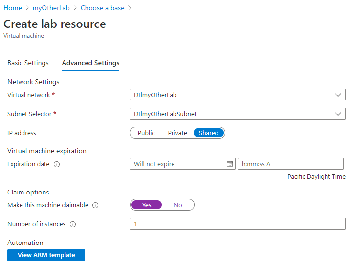 Skärmbild av fliken Avancerade inställningar på sidan Skapa labbresurs.