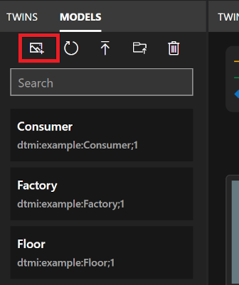 Skärmbild av panelen Modeller för Azure Digital Twins Explorer. Ikonen Ladda upp modellbilder är markerad.