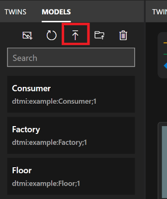 Skärmbild av panelen Modeller för Azure Digital Twins Explorer. Ikonen Ladda upp en modell är markerad.