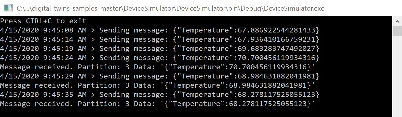 Skärmbild av konsolens utdata från enhetssimulatorn som visar temperaturtelemetri som skickas.