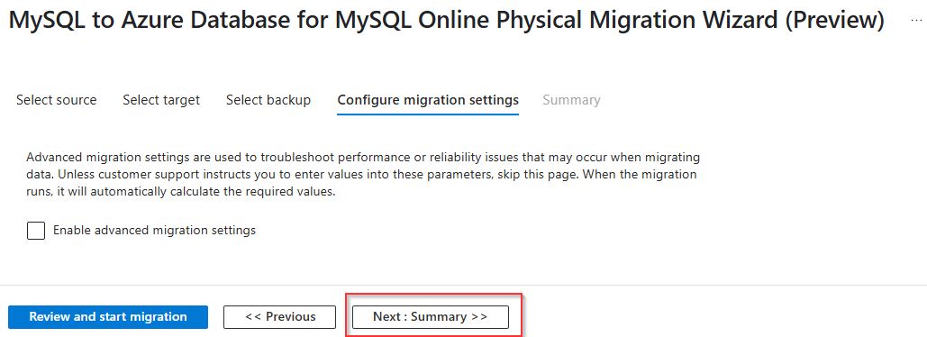 Screenshot of configuring migration settings page.