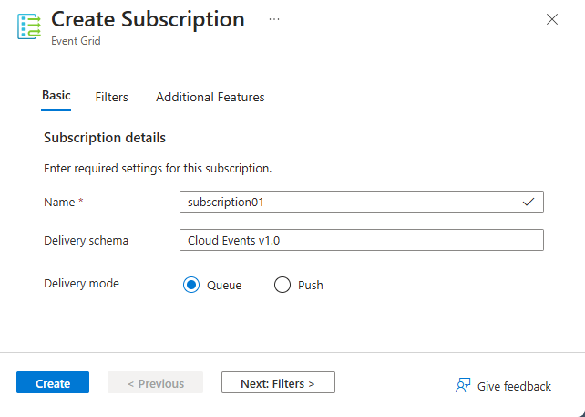 Skärmbild som visar grunderna för att skapa eventprenumeration för Event Grid.