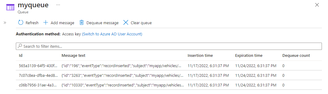 Skärmbild som visar en lista över meddelanden som tagits emot från Event Grid i en kö.