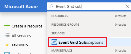 Skärmbild som visar Event Grid-prenumeration i sökrutan i Azure Portal.