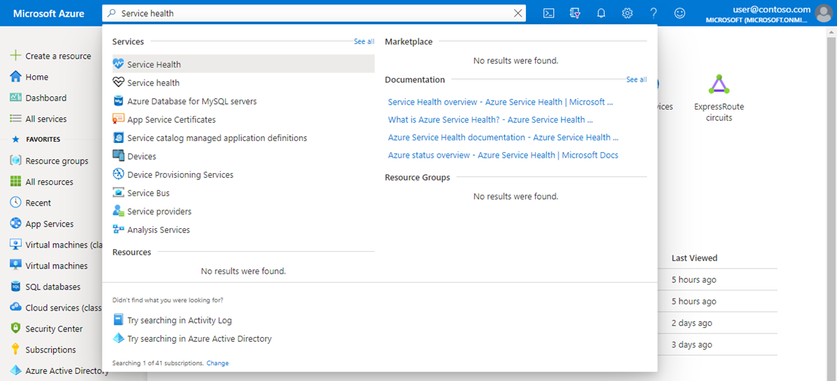 Skärmbild av sökning efter sidan Service Health.