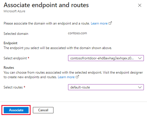 Skärmbild som visar den associerade slutpunkten och routningsfönstret för en domän.