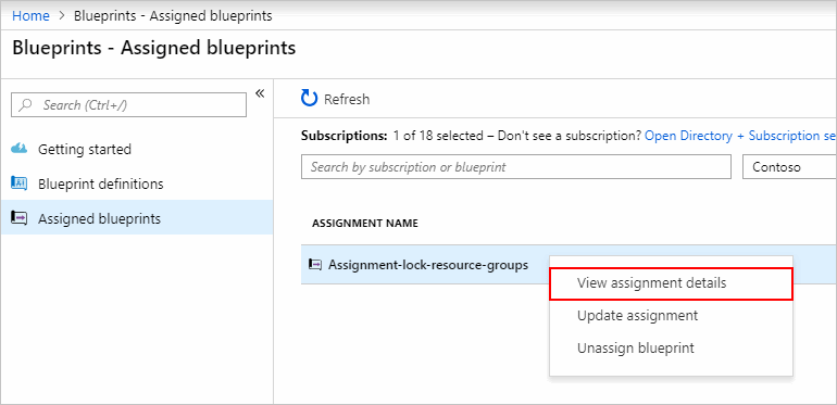 Screenshot of the blueprint assignment context menu with the View assignment details option selected.