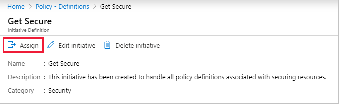 Skärmbild av knappen Tilldela på initiativdefinitionssidan.