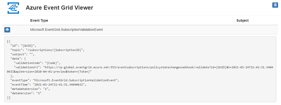 Skärmbild av event grid-prenumerationsverifieringshändelsen i den fördefinierade webbappen.