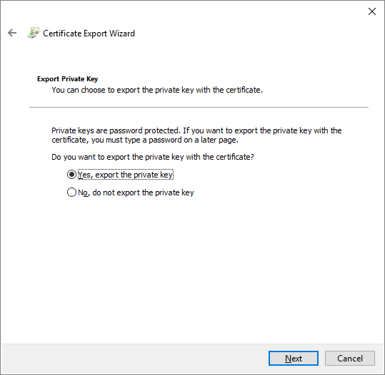 Sidan Exportera privat nyckel i guiden Exportera certifikat.