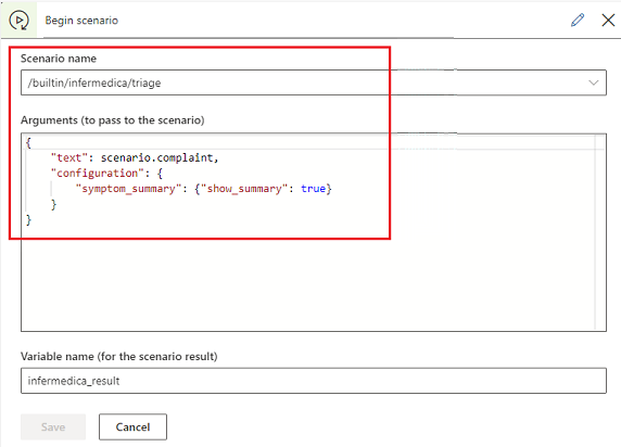 Screenshot of passing arguments to Infermedica subscenario