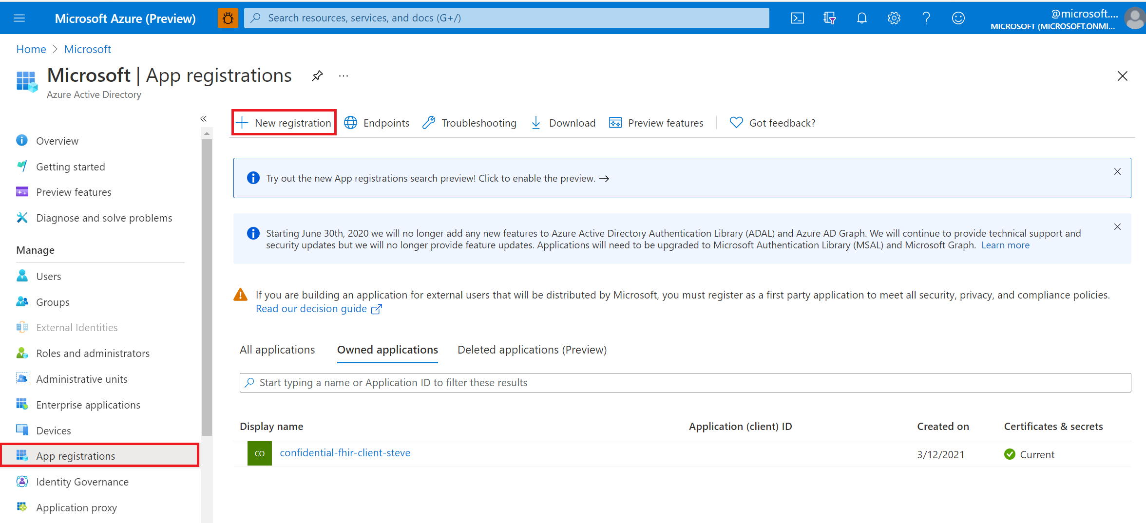 Azure Portal. Ny appregistrering.