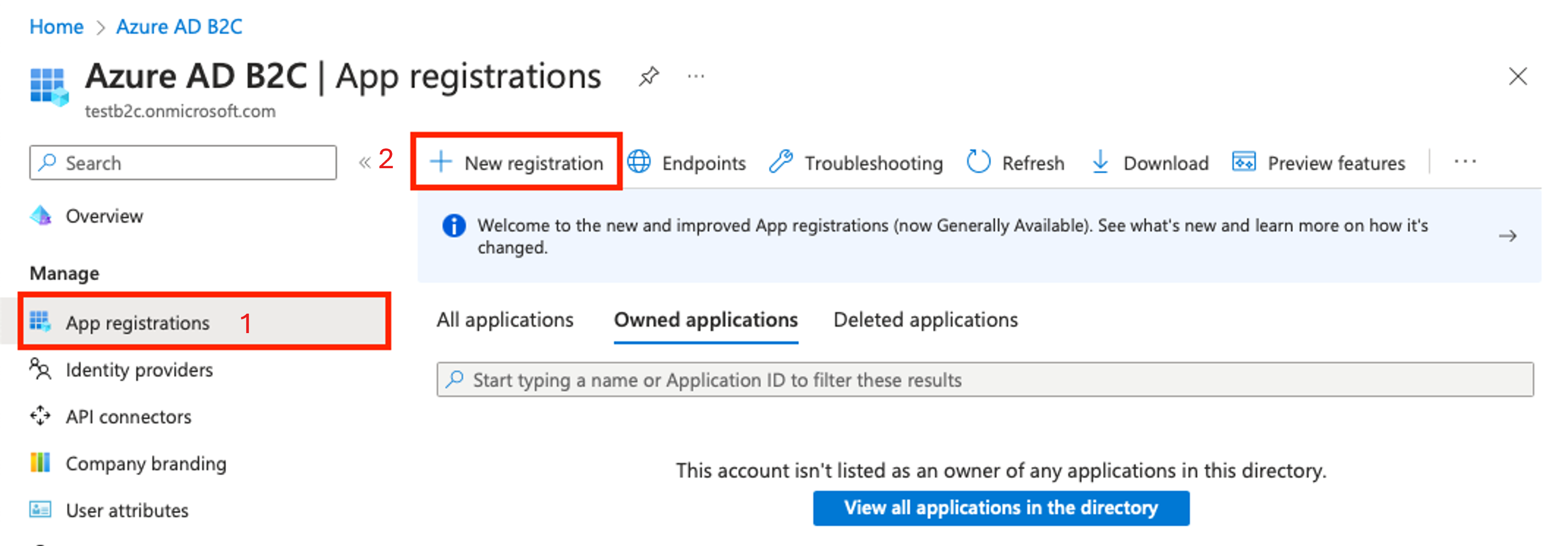 Skärmbild som visar ett nytt B2C-program.