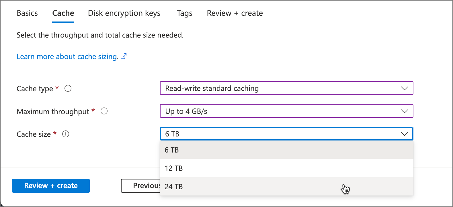 Skärmbild av cachestorlekssidan i Azure Portal.