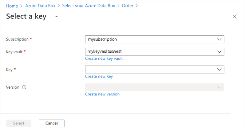 Skärmbild av skärmen Välj en nyckel i Azure Key Vault. Fältet Key Vault är markerat.