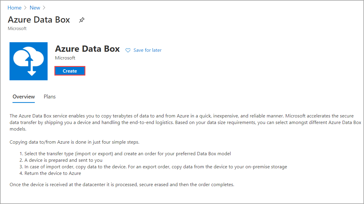 Skärmbild av avsnittet Azure Data Box i Azure Portal. Alternativet Skapa är markerat.