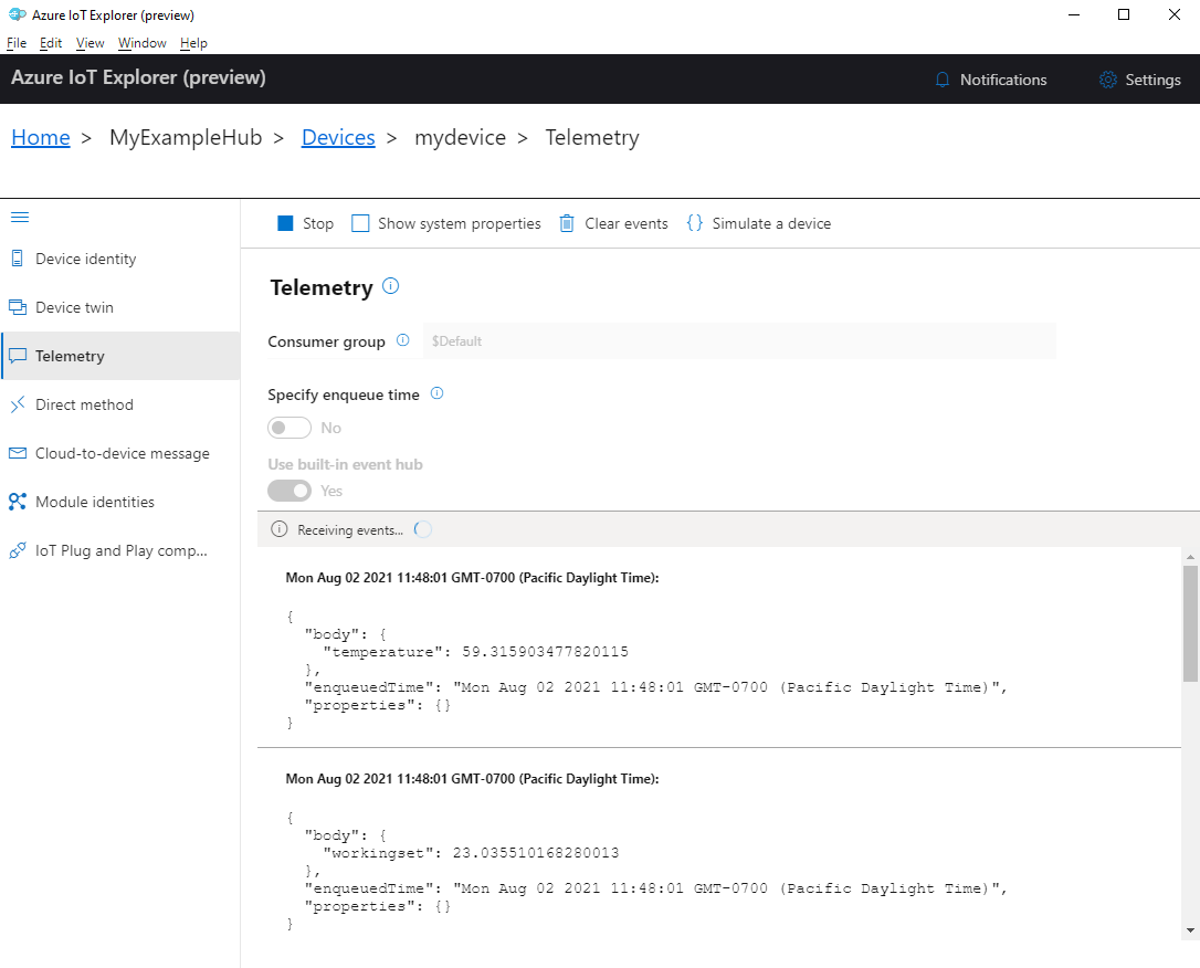 Skärmbild av enhetstelemetri i IoT Explorer