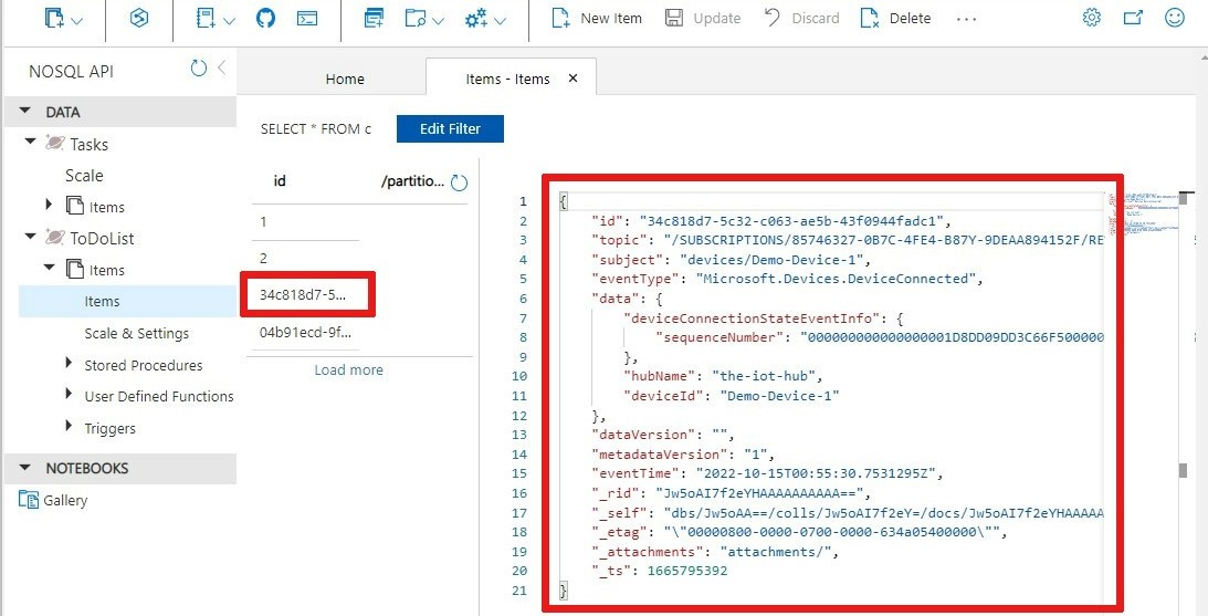 Skärmbild av den nyligen genererade anslutningstillståndshändelsen i en Cosmos DB-samling.