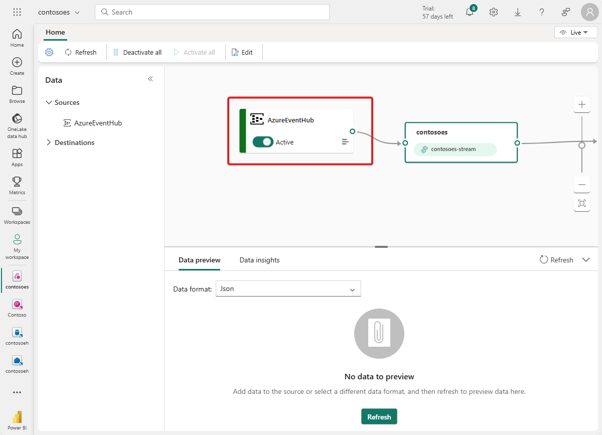 Skärmbild av händelseströmmen med en AzureEventHub-källa.