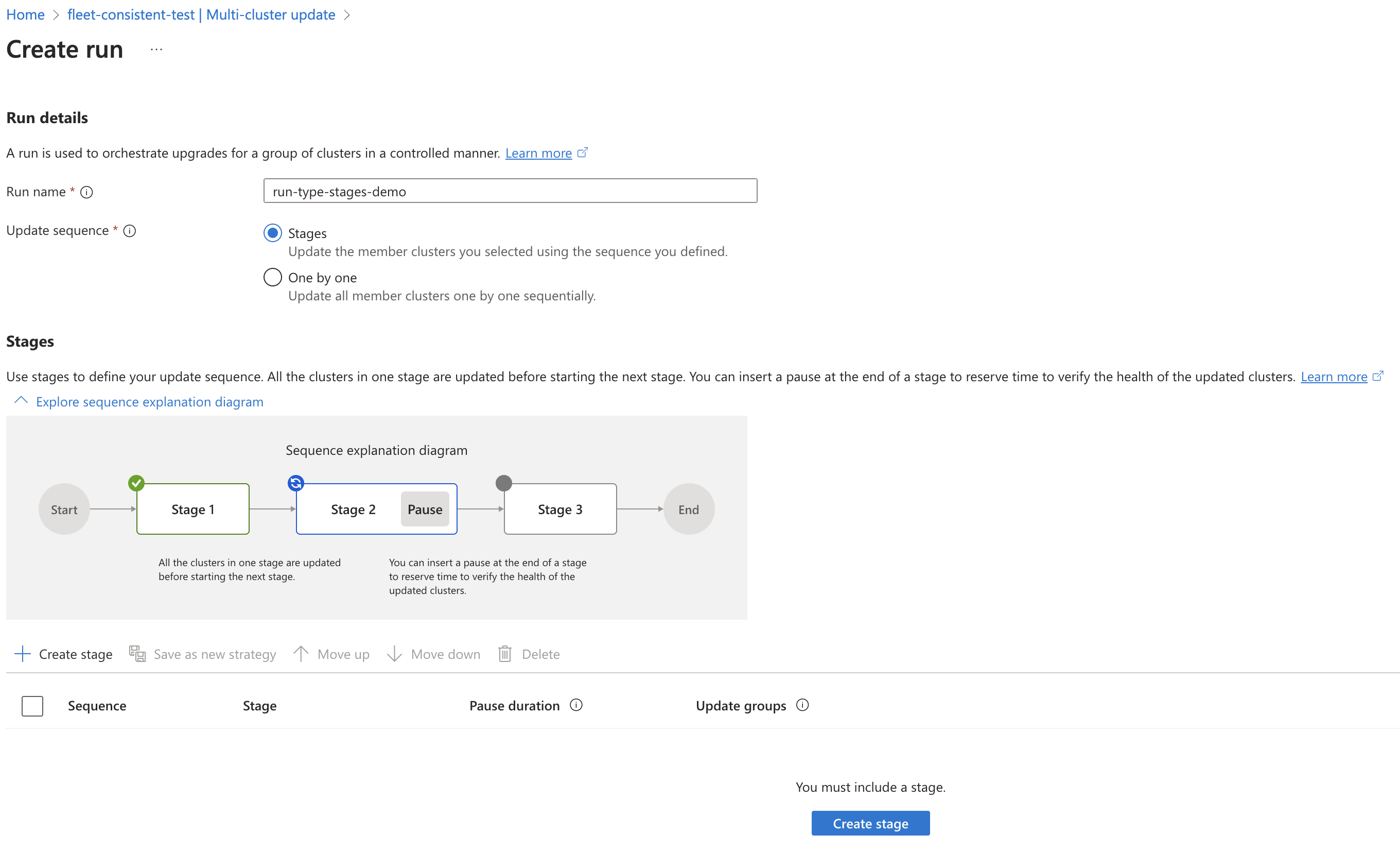 Skärmbild av sidan Azure Portal för att välja fasläge i uppdateringskörningen.