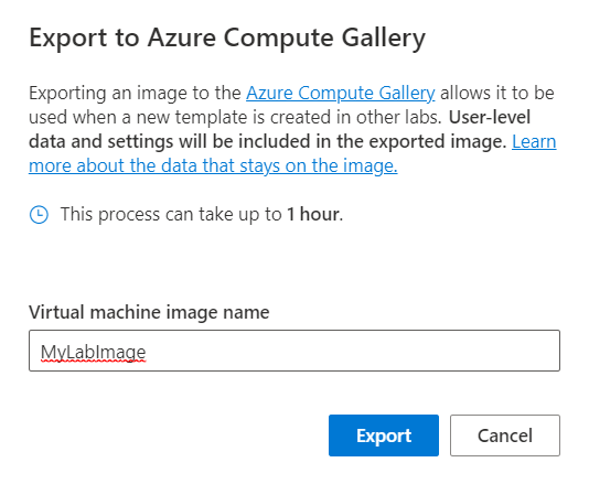 Dialogrutan Exportera till Azure Compute Gallery