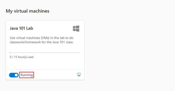 Skärmbild av sidan Mina virtuella datorer för Azure Lab Services och markera statusetiketten på den virtuella datorns panel.