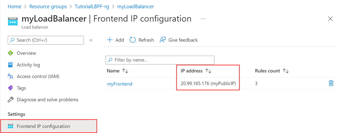 Skärmbild av offentlig IP-adress i Azure-portalen.