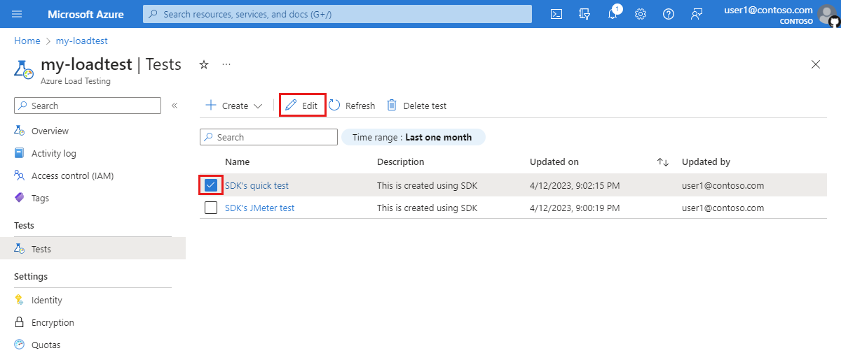 Skärmbild som visar hur du väljer och redigerar ett belastningstest i Azure Portal.