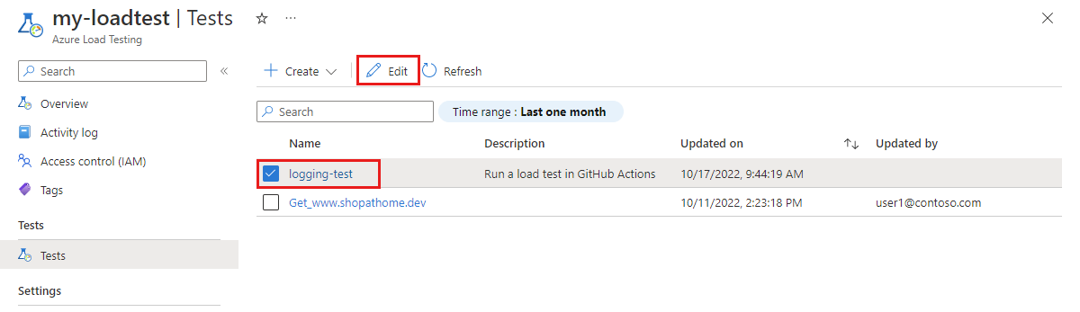 Skärmbild av listan över tester för en Azure-belastningstestningsresurs i Azure Portal med knappen Redigera.