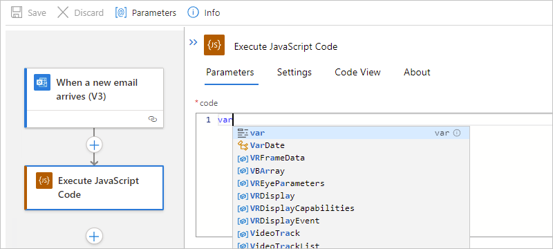 Skärmbild som visar standardarbetsflödet, åtgärden Kör JavaScript Code och listan med automatisk komplettering av nyckelord.