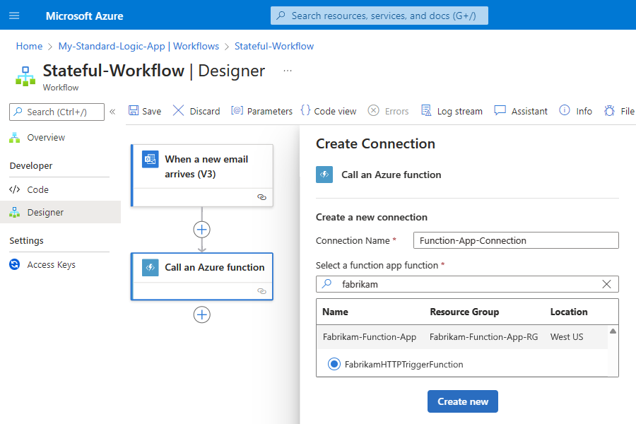 Skärmbild som visar Standard workflow designer med vald funktionsapp och funktion.