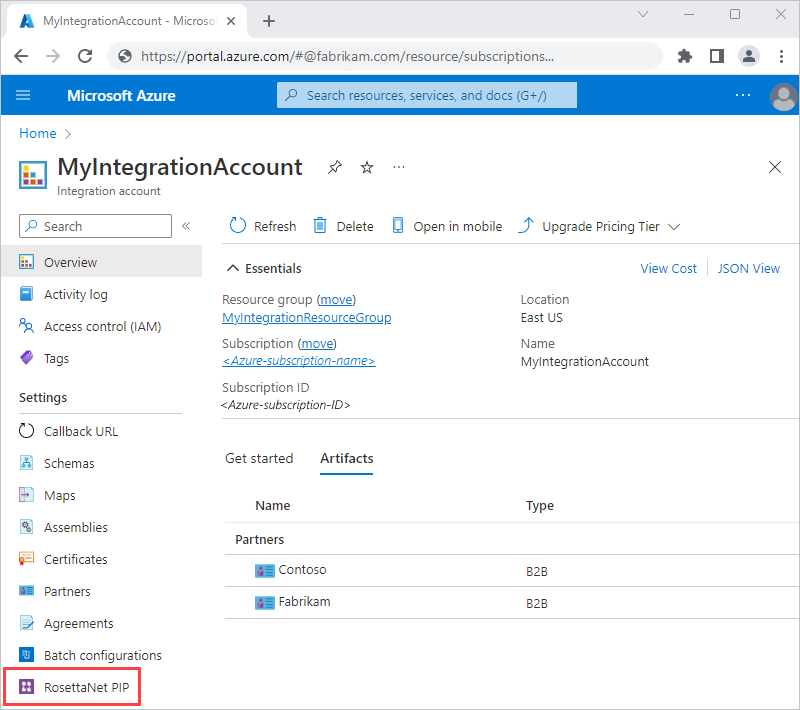 Skärmbild av sidan Azure Portal och integrationskontot. På navigeringsmenyn är RosettaNet PIP valt.