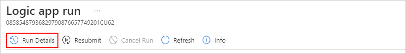 Skärmbild som visar verktygsfältet Logic app run med det valda alternativet Kör information.
