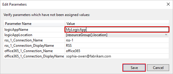 Skärmbild som visar rutan Redigera parametrar med resursnamnet för logikappen.