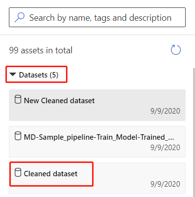 Skärmbild som visar platsen för sparade datamängder i designerpaletten