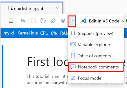 Skärmbild av kommentarsverktyget för notebook-filer i det övre verktygsfältet.