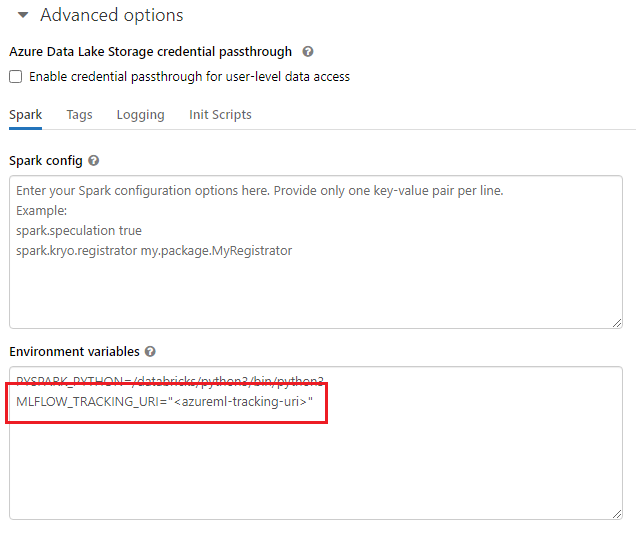 Skärmbild som visar Avancerade alternativ där du kan konfigurera miljövariablerna i ett Azure Databricks-kluster.
