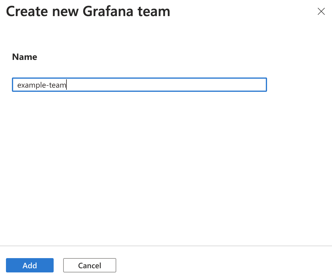 Skärmbild av Azure Portal. Skapa ett nytt Grafana-team.