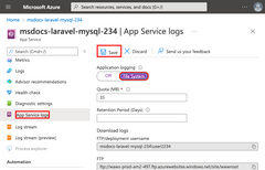 Skärmbild som visar hur du aktiverar interna loggar i App Service i Azure Portal.